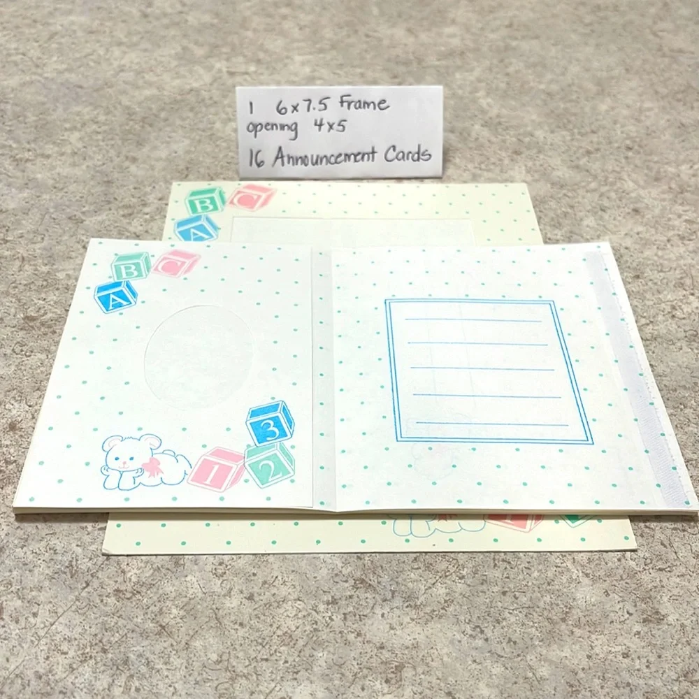 VINTAGE 16 BABY ANNOUNCEMENTS & 1 PAPER FRAME 6 x 7.5 BABY BLOCK DESIGN ON CARDS